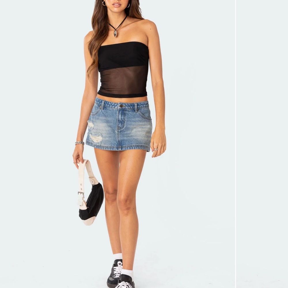 Edikted Blue Distressed Mini Denim Skirt